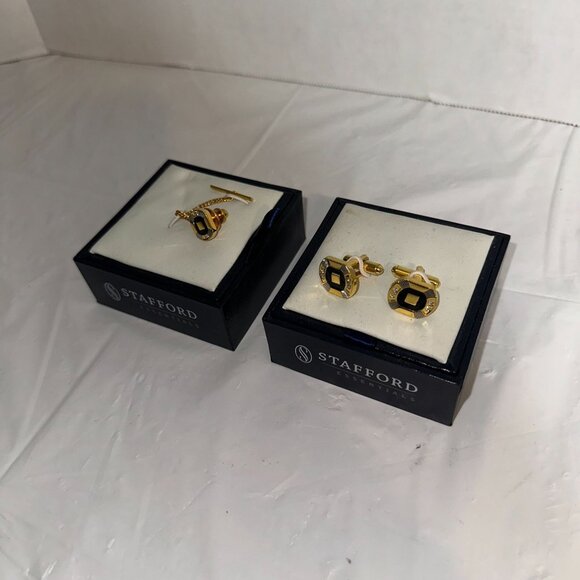Stafford Essentials Gold & Black Cufflinks & Tie Bar Set - Picture 3 of 7